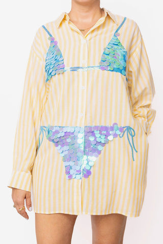 QOS Yellow Striped Blue Paillette Bikini Tunic - Boutique Bella Bella