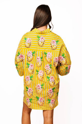 QOS Yellow Striped Coconut Drink Button Up Cotton Tunic - Boutique Bella BellaTunic