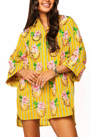 QOS Yellow Striped Coconut Drink Button Up Cotton Tunic - Boutique Bella BellaTunic