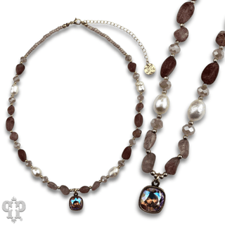 Quartz and freshwater pearl necklace with Austrian crystal - Boutique Bella BellaNecklaces