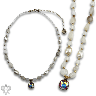 Quartz and freshwater pearl necklace with Austrian crystal - Boutique Bella BellaNecklaces