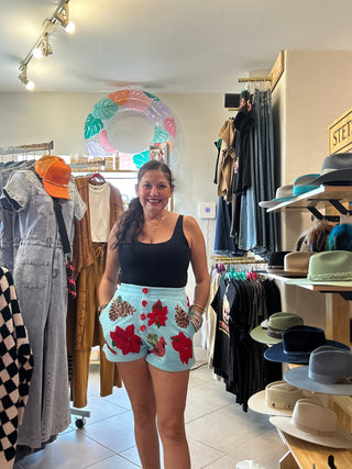 Queen of Sparkles - Aqua Poinsettia, Cardinal & Pine Cone Henley Shorts - Boutique Bella Bella