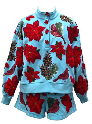 Queen of Sparkles - Aqua Poinsettia, Cardinal & Pine Cone Henley Shorts - Boutique Bella Bella