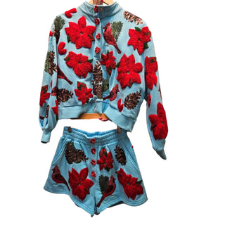 Queen of Sparkles - Aqua Poinsettia, Cardinal & Pine Cone Henley Shorts - Boutique Bella Bella