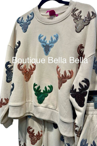 Queen of Sparkles - Beige Deer Head Sweatshirt - Boutique Bella BellaQueen of Sparkles