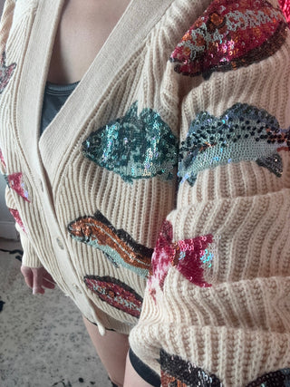 Queen of Sparkles - Beige Fish Cardigan - Boutique Bella Bella