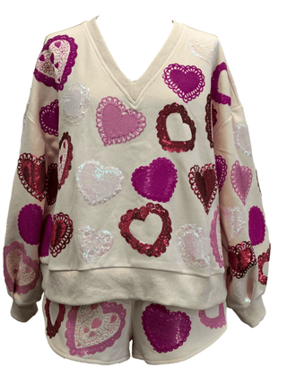 Queen of Sparkles - Beige Multi Doily Heart V Neck Sweatshirt - Boutique Bella BellaQueen of Sparkles