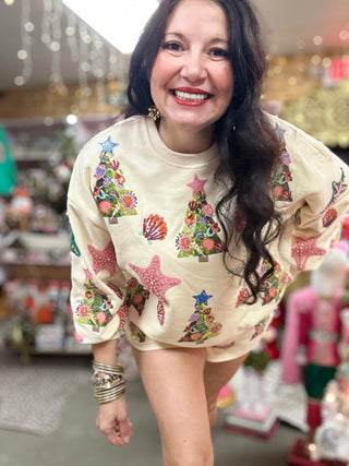 Queen of Sparkles - Beige Multi Shell & Christmas Tree Sweatshirt - Boutique Bella Bella