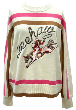 Queen of Sparkles - Beige Yeehaw Cowgirl Sweater - Boutique Bella BellaQueen of Sparkles