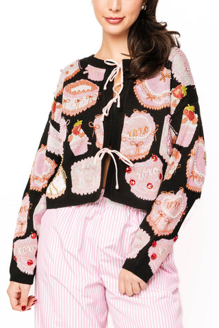 Queen of Sparkles Black Cakes & Pastries Tie Up Sweater - Boutique Bella BellaQueen of Sparkles