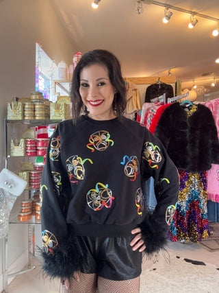 Queen of Sparkles - Black Comedy Tragedy Sweatshirt With Feathers - Boutique Bella BellaQueen of Sparkles