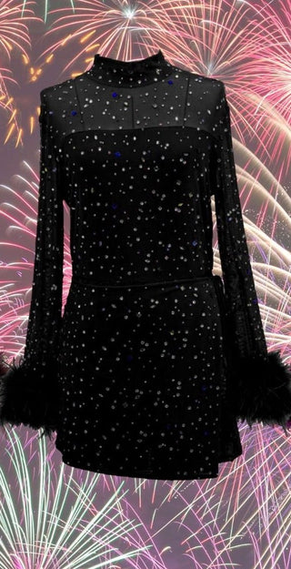 Queen of Sparkles Black Feather Sleeve Multi Rhinestone Sequin Short Romper - Boutique Bella BellaRomper