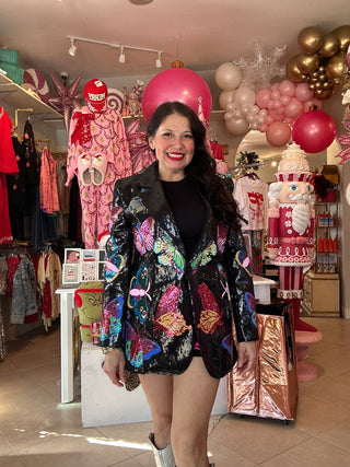 Queen of Sparkles - Black Full Sequin Multi Butterfly Blazer - Boutique Bella Bella