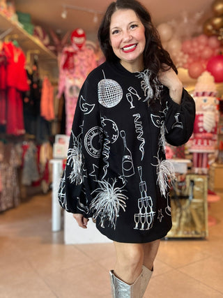 Queen of Sparkles - Black Outlined NYE Things Metallic Sweatshirt Dress - Boutique Bella Bella