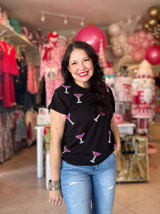 Queen of Sparkles - Black & Pink Scattered Pearl Cosmo Tee - Boutique Bella Bella