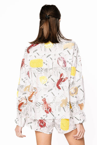 Queen of Sparkles Black & White Seafood on Newspaper Button Up Top - Boutique Bella BellaButton - Up