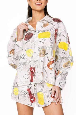 Queen of Sparkles Black & White Seafood on Newspaper Button Up Top - Boutique Bella BellaButton - Up