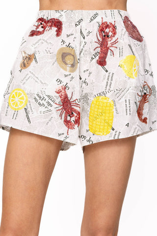 Queen of Sparkles Black & White Seafood on Newspaper Shorts - Boutique Bella BellaShorts