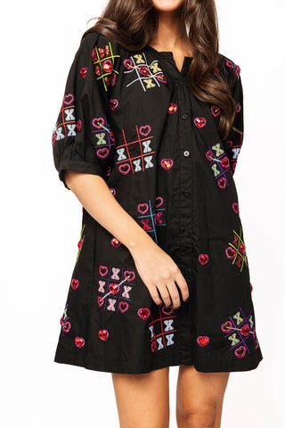 Queen of Sparkles Black XOXO Tic Tac Toe Cotton Button Up Dress - Boutique Bella BellaQueen of Sparkles
