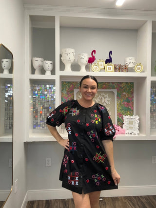 Queen of Sparkles Black XOXO Tic Tac Toe Cotton Button Up Dress - Boutique Bella BellaQueen of Sparkles