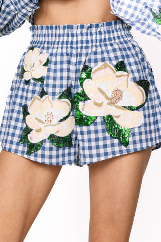 Queen of Sparkles Blue & White Gingham Scattered Magnolia Short - Boutique Bella BellaQueen of Sparkles