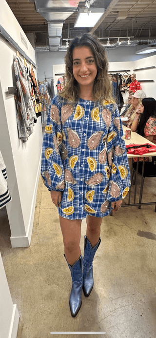 Queen of Sparkles Blue & White Plaid Oyster & Lemons Button Up Dress - Boutique Bella BellaDress