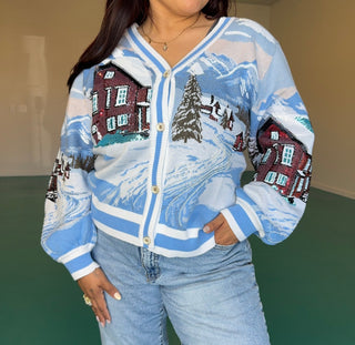 Queen of Sparkles Blue & White Snowy Town Scene Button Up Cardigan - Boutique Bella Bellacardigan