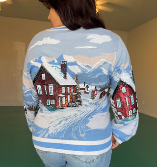 Queen of Sparkles Blue & White Snowy Town Scene Button Up Cardigan - Boutique Bella Bellacardigan