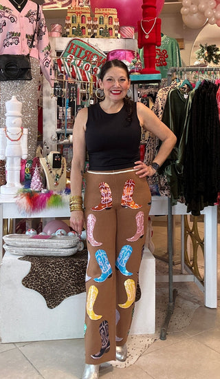 Queen of Sparkles - Brown Multi Cowboy Boot Knit Pants - Boutique Bella BellaQueen of Sparkles