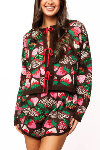 Queen of Sparkles Brown Multi Strawberry Tie Up Sweater - Boutique Bella BellaQueen of Sparkles
