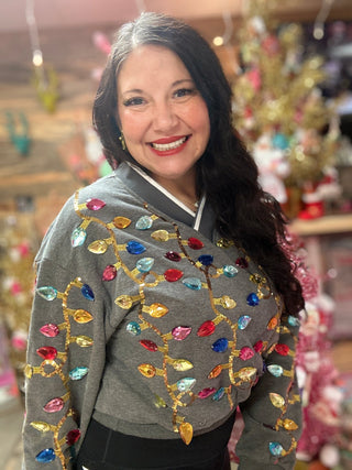 Queen of Sparkles - Charcoal Multi Jeweled Christmas Light V - Neck Sweatshirt - Boutique Bella Bella