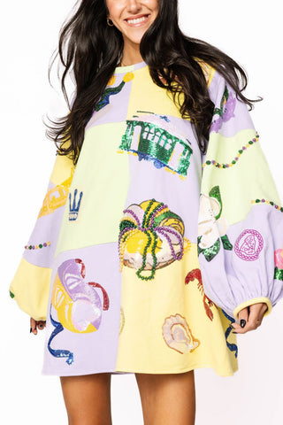 Queen of Sparkles Checkered Mardi Gras Icon Balloon Sleeve Dress - Boutique Bella BellaQueen of Sparkles