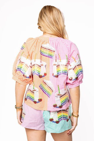 Queen of Sparkles Colorblock Gingham Rainbow Birthday Cake Button Up Top - Boutique Bella BellaQueen of Sparkles