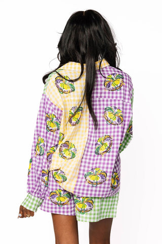 Queen of Sparkles Colorblock Mardi Gras Gingham King Cake Button Up Top - Boutique Bella BellaQuuen of Sparkles