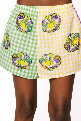 Queen of Sparkles Colorblock Mardi Gras Gingham King Cake Short - Boutique Bella BellaQueen of Sparkles