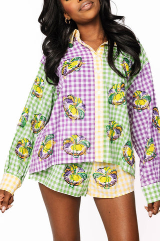 Queen of Sparkles Colorblock Mardi Gras Gingham King Cake Short - Boutique Bella BellaQueen of Sparkles