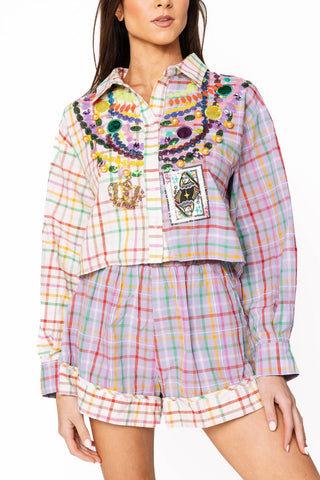 Queen of Sparkles Colorblock Plaid Mardi Gras Beads Button Up Top - Boutique Bella BellaQueen of Sparkles