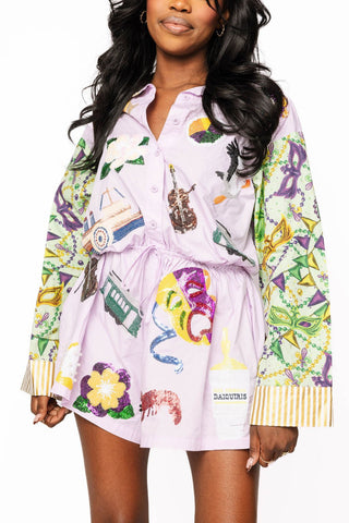 Queen of Sparkles Colorblock Print Mardi Gras Icon Button Up Romper - Boutique Bella BellaQueen of Sparkles