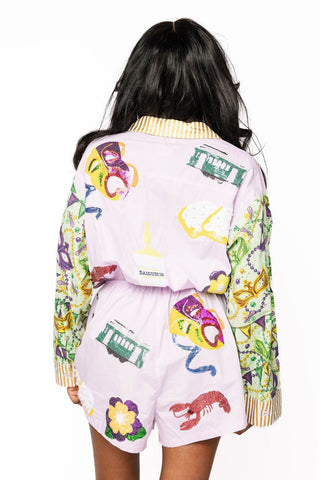 Queen of Sparkles Colorblock Print Mardi Gras Icon Button Up Romper - Boutique Bella BellaQueen of Sparkles