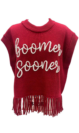 Queen of Sparkles - Crimson Boomer Sooner Fringe Sweater Vest - Boutique Bella BellaQueen of Sparkles
