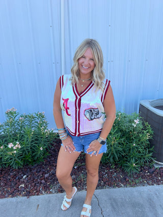 Queen of Sparkles - Crimson & White Full Sequin Alabama Elephant Button Up Sweater Tank - Boutique Bella BellaQueen of Sparkles