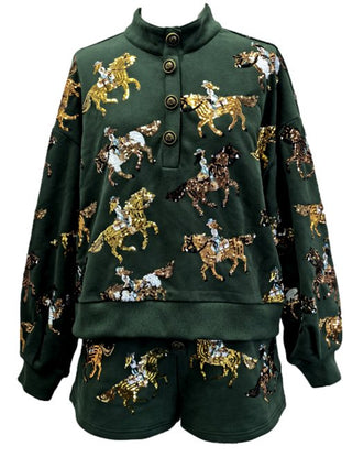 Queen of Sparkles - Dark Green Horse Riders Henley Sweatshirt - Boutique Bella BellaQueen of Sparkles