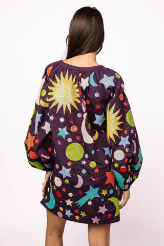 Queen of Sparkles Dark Purple Multi Galaxy Button Up Cotton Bubble Sleeve Dress - Boutique Bella BellaDress