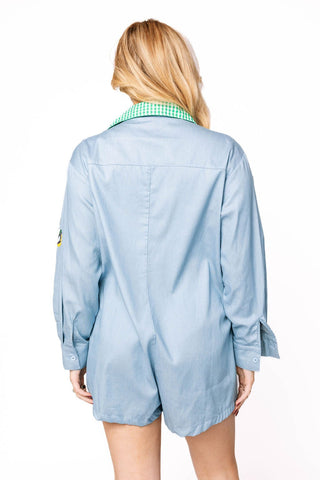 Queen of Sparkles Denim Mardi Gras Icon Romper With Green Gingham Collar - Boutique Bella BellaQueen of Sparkles