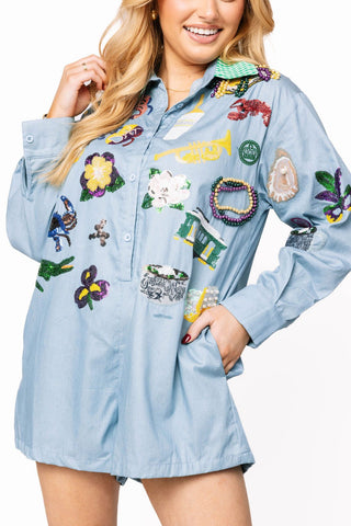 Queen of Sparkles Denim Mardi Gras Icon Romper With Green Gingham Collar - Boutique Bella BellaQueen of Sparkles