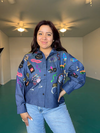 Queen of Sparkles Denim NYE Icon Button Up Top With Black Velvet Collar - Boutique Bella BellaQueen of Sparkles
