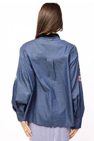 Queen of Sparkles Denim NYE Icon Button Up Top With Black Velvet Collar - Boutique Bella BellaQueen of Sparkles