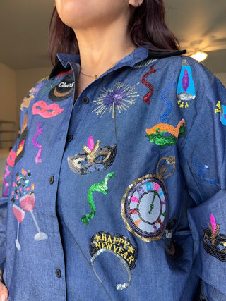 Queen of Sparkles Denim NYE Icon Button Up Top With Black Velvet Collar - Boutique Bella BellaQueen of Sparkles