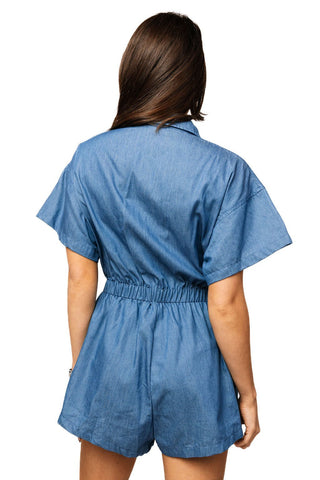 Queen of Sparkles Denim & Purple Oversized Jeweled Ruffle Heart Romper - Boutique Bella BellaQueen of Sparkles