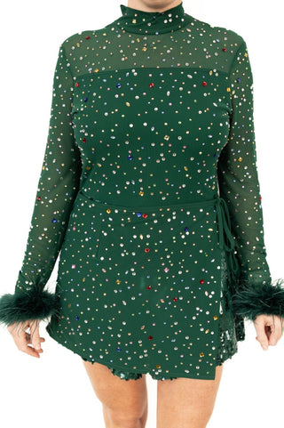 Queen of Sparkles Emerald Feather Sleeve Multi Rhinestone Sequin Short Romper - Boutique Bella BellaQueen of Sparkles